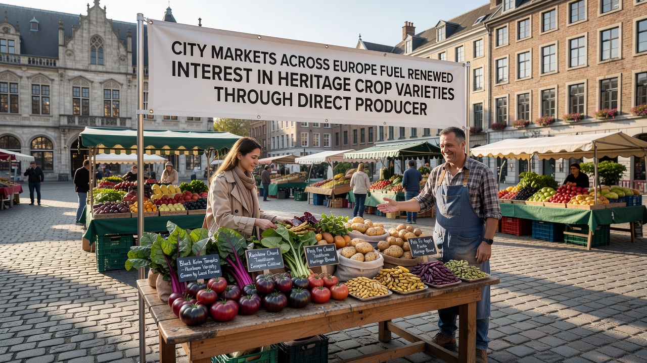 Close-up of heritage crop produce including colorful tomatoes and grains at a European market stall with producer signage