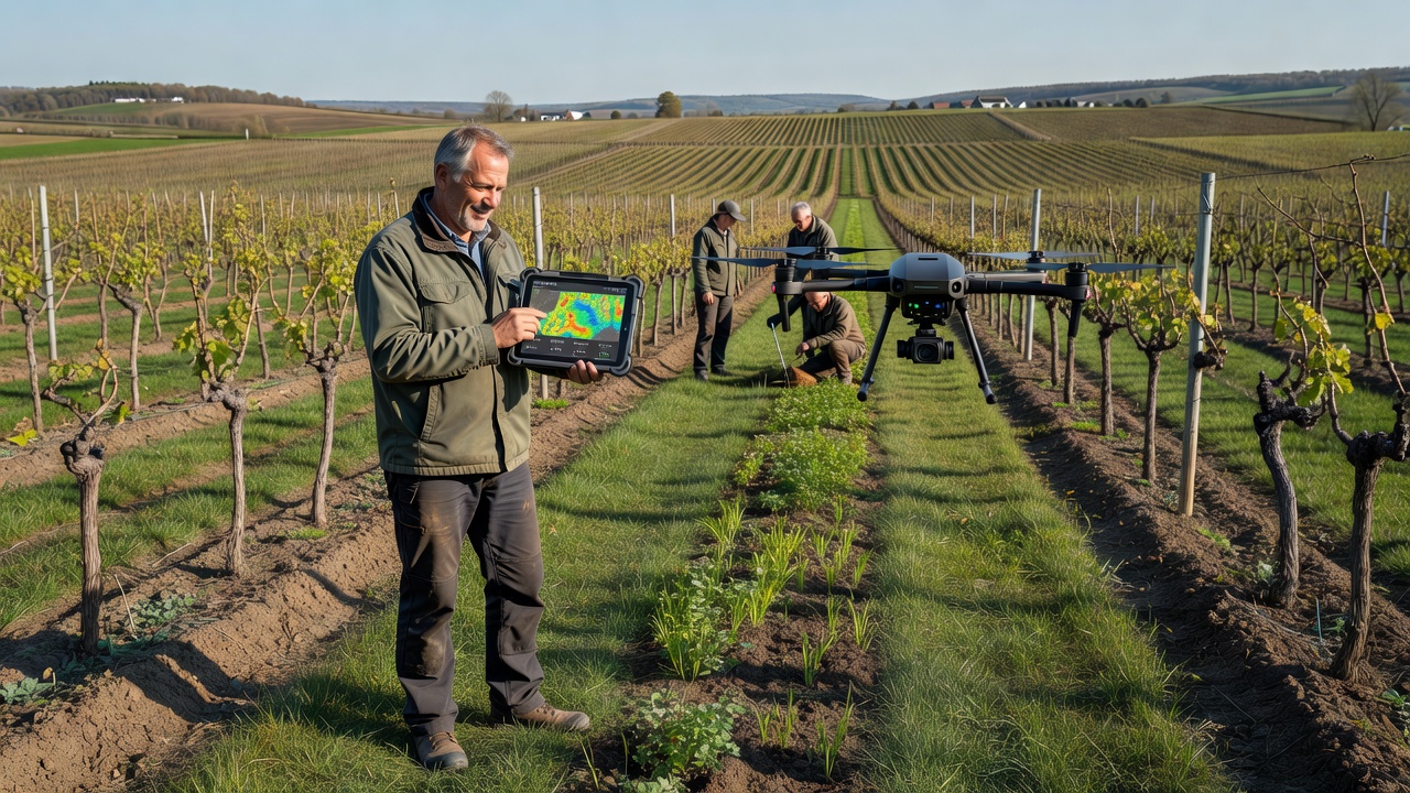Rhineland vineyard team reviewing drone-generated maps on a tablet to adjust cover crop schedules