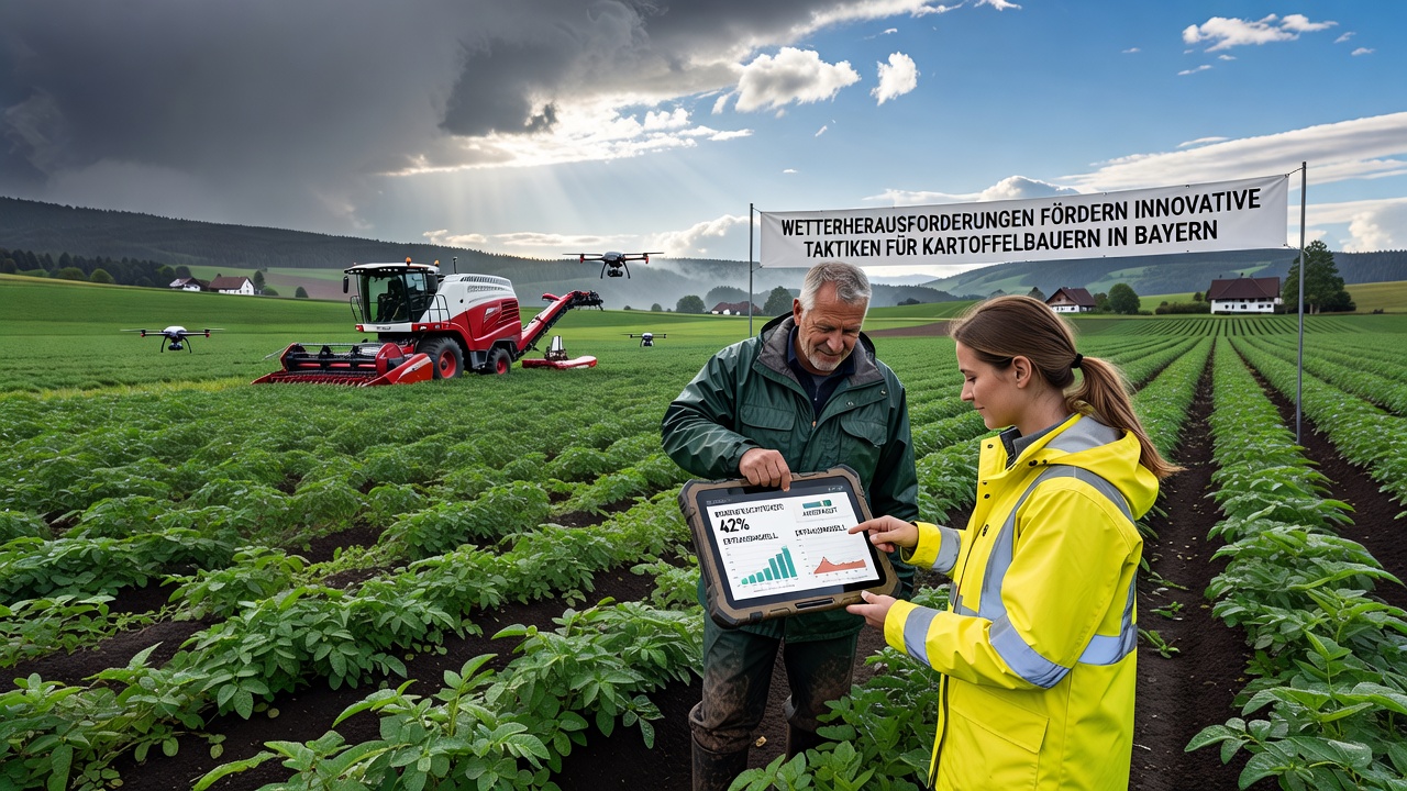 Close-up of potato plants with sensor technology and protective cover crops in a Bavarian field